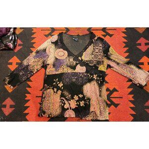 West End Stretch Women's  Multicolor Sheer Lace,.Mesh V-Neck Top W/ 3/4 Sleeves